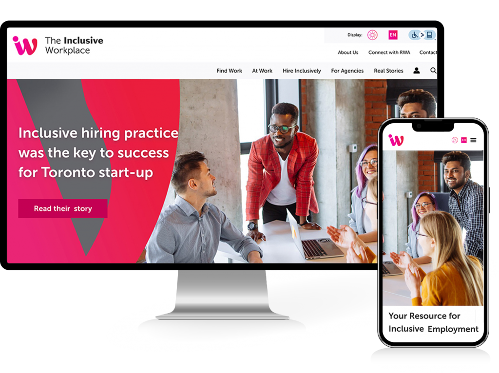 The homepage of the The Inclusive Workplace website shown on both mobile and desktop devices.